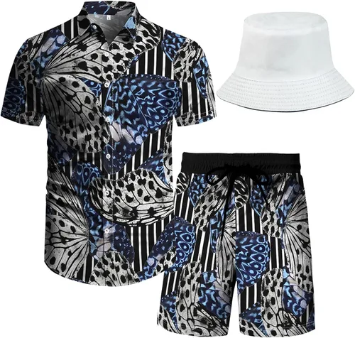 Vista 44 de RPOVIG Conjunto de playa a juego con camisas y pantalones cortos para hombre, ropa floral hawaiana para festival, conjuntos de 2 piezas con sombrero