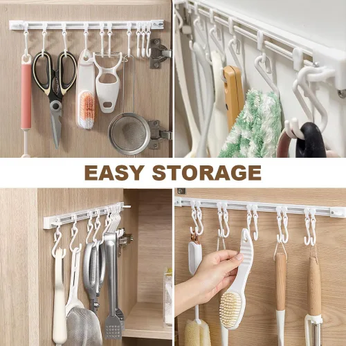 Vista 6 de Gancho multifuncional para riel deslizante, estante colgante de utensilios de cocina, colgador de pared, soporte para utensilios de ahorro