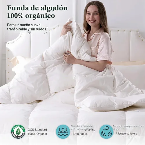 Vista 3 de Edredón de plumas orgánicas tamaño matrimonial 100% algodón, relleno de plumas de ganso y plumón de alta calidad, relleno de edredón independiente