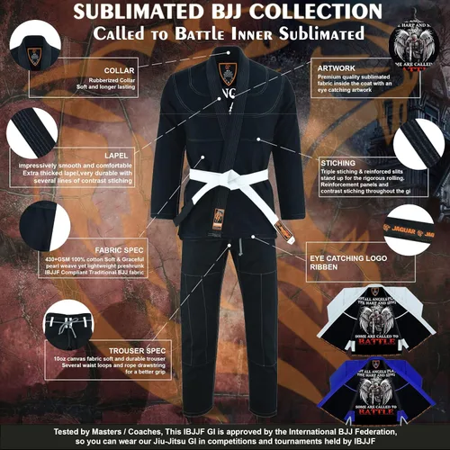 Vista 3 de Jaguar Pro Gear Llamado a la batalla interior sublimado Pro brasileño Jiu Jitsu BJJ Kimono Gi uniforme unisex Cinturón incluido