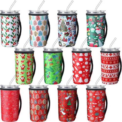 Vista 17 de Boao 12 fundas para vaso de neopreno reutilizables con asa, funda aislada para taza para café helado, bebida fría, anticondensación, sin sudor