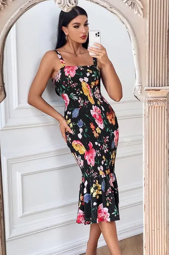 Vista 2 de PRETTYGARDEN - Vestido veraniego floral para mujer, por debajo de la rodilla, ajustado, sin mangas, con tirantes delgados y dobladillo con volados