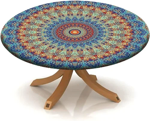 Vista 61 de Mantel redondo ajustable con borde elástico floral azul, mantel con borde elástico de estilo floral pastoral, almohadilla de mesa de poliéster