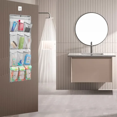 Vista 6 de Organizador de ducha de malla con soporte colgante, de secado rápido, para almacenamiento en el baño, con accesorios de tocador y gancho giratorio