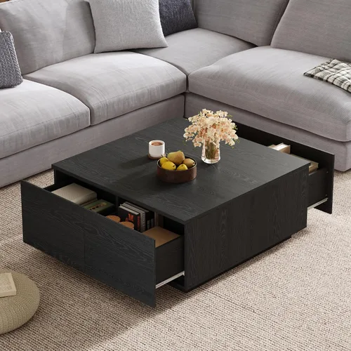 Vista 3 de SSLine Mesa de centro cuadrada con 4 cajones de almacenamiento, mesa de centro de madera negra de 33.2 pulgadas para sala de estar, mesas centrales