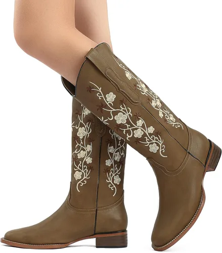 Vista 3 de SO SIMPOK Botas vaqueras bordadas con flores para mujer, botas vaqueras retro, botas occidentales, botas de media pantorrilla