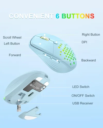 Vista 6 de UHURU Mouse inalámbrico para laptop, mouse LED recargable de 2.4G, ratones de computadora pequeños con clic silencioso, 3 DPI ajustables, 6 botones