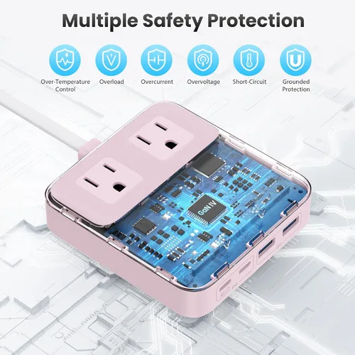 Vista 9 de Estación de carga de 135W con tira de alimentación USB C, bloque cargador USB C GaN 6 en 1 con enchufe y cable de 5 pies, 2 AC, 2 USB-A, 2 USB-C