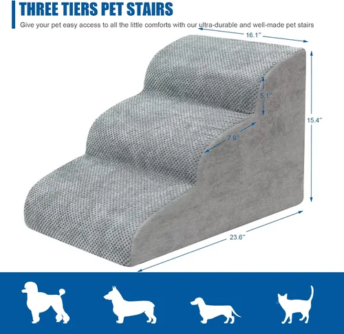 Vista 2 de Escaleras para Perros para Perros Pequeños - Rampa de Espuma de Alta Densidad, Pasos Extra Anchos para Mascotas con Fondo Antideslizante para Camas