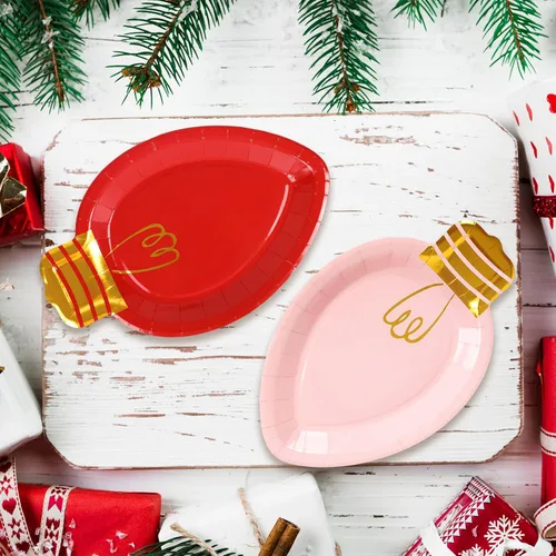 Vista 6 de Whaline 30 platos de papel de Navidad con forma de luces desechables para cena y fiesta, vajilla de vacaciones para postres ensaladas, aperitivos