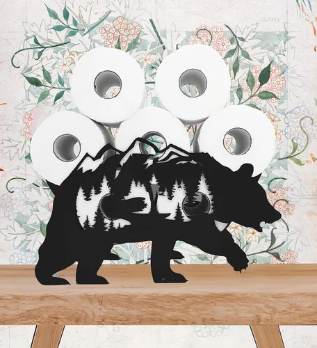 Vista 2 de Black Bear - Soporte de papel higiénico de metal, divertido soporte de papel de animales para baños, organizador independiente con capacidad para 8