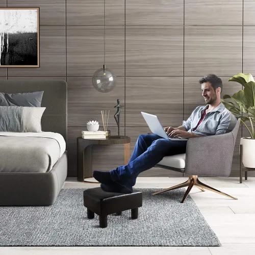 Vista 7 de LUE BONA Taburete rectangular moderno, reposapiés otomano acolchado de piel sintética negra, taburete pequeño para estar, adultos, patio