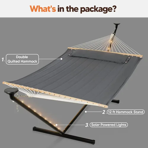 Vista 6 de SUNCREAT Hamaca doble con soporte de 12 pies, luces solares incluidas, hamaca al aire libre para exterior, gris oscuro