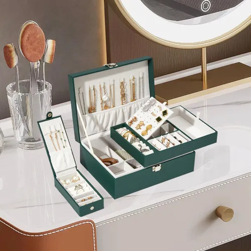 Vista 2 de BUTI4WLD Joyero, organizador de joyería de 2 capas con estuche de joyería de viaje, organizador de cuero sintético para aretes, anillos, collares