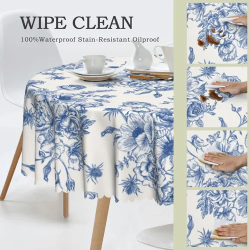 Vista 3 de Mantel redondo floral azul y blanco de 60 pulgadas, elegante mantel rústico vintage de flores, resistente a las manchas, impermeable, de poliéster