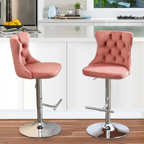 Vista 305 de SoarFlash Juego de 2 taburetes de bar tapizados de terciopelo moderno con patas de madera, botones acolchados, cabeza de clavo cromada, asiento