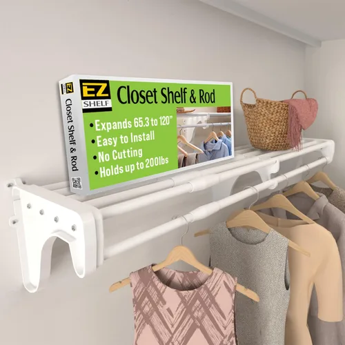 Vista 10 de EZ SHELF - Estante de armario con barra para colgar – Ampliable de 42.5 a 75 pulgadas, color plateado, estantes de armario – Fuerte, soporta 200
