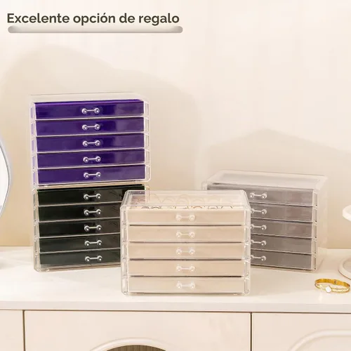 Vista 9 de Frebeauty Caja de joyas extra grande de acrílico para mujeres y niñas, organizador de aretes de terciopelo transparente de 5 capas con 5 cajones