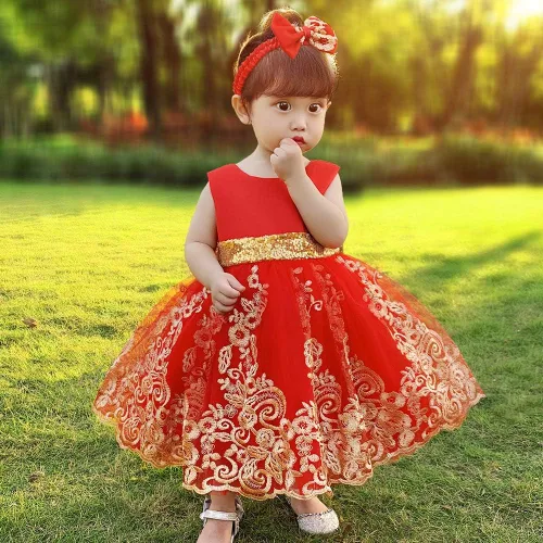 Vista 5 de 0-6T - Vestido de tutú de encaje bordado con lentejuelas y lazo grande para fiestas de bebé y niñas pequeñas con tocado