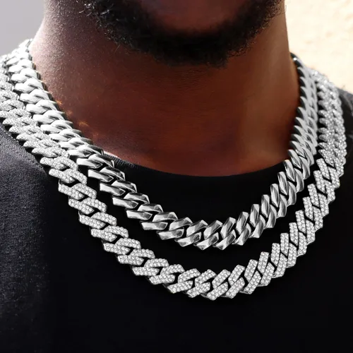Vista 3 de WKTYCCT 2 cadenas de eslabones cubanos para hombres y mujeres, collares cubanos de Miami, oro y plata de 0.55 pulgadas (0.551 in), juego de collar