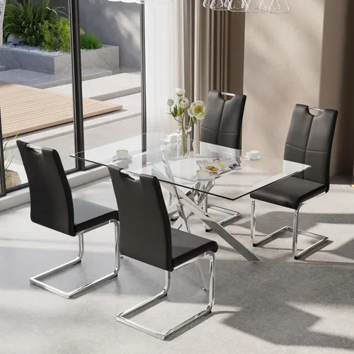 Vista 20 de Juego de mesa de comedor de 5 piezas para 4, mesa rectangular moderna de cristal con 4 sillas tapizadas de cuero, juegos de mesa y sillas de comedor