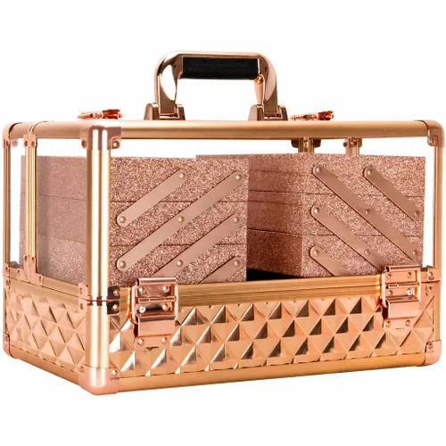 Vista 11 de Ver Beauty Estuche de tren de maquillaje de diamante negro con 6 bandejas de acordeón, organizador de cosméticos con cerradura