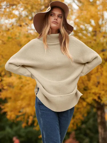 Vista 9 de ANRABESS Suéter tipo túnica de punto con cuello alto para mujer, manga larga de murciélago, dobladillo dividido, ropa de moda 2024