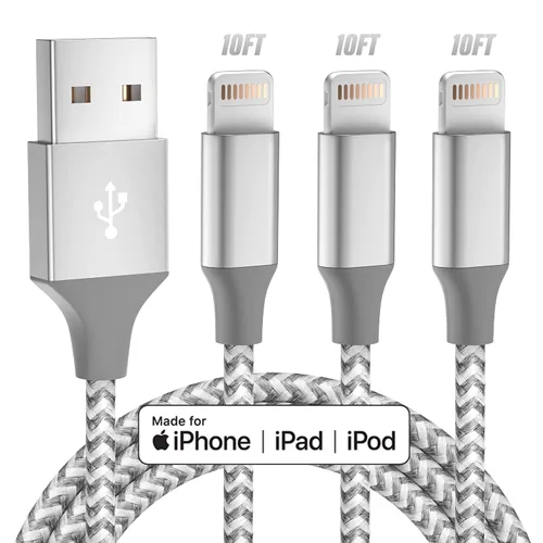 Vista 5 de Paquete de 3 cargadores para iPhone de 10 pies con certificación MFi de Apple, cable Lightning largo de carga rápida, sincronización de datos