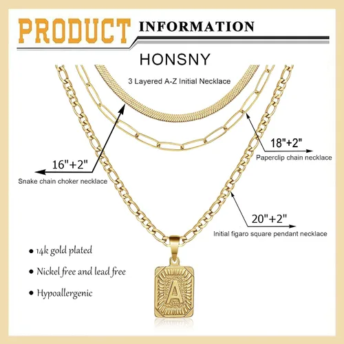 Vista 5 de Honsny Collares de oro con inicial para mujer, delicado colgante de letra cuadrada de serpiente de oro de 18 quilates, collar de gargantilla
