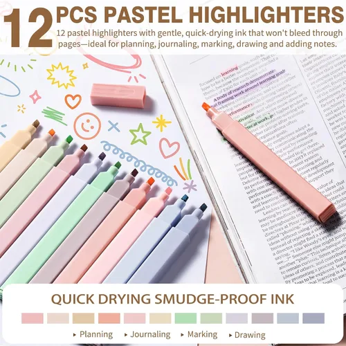 Vista 7 de 62 piezas de suministros escolares estéticos con lindo estuche de lápices, resaltadores en colores pastel, bolígrafos de gel de tinta negra, lápices