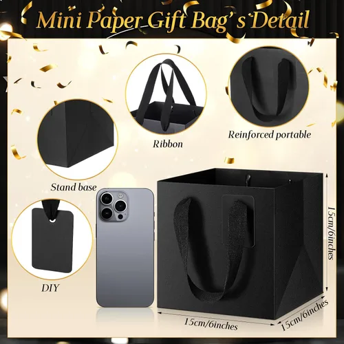 Vista 2 de Windyun 25 mini bolsas de regalo de papel con asa de 6 x 6 x 6 pulgadas, pequeñas bolsas cuadradas con etiqueta de agradecimiento para Navidad