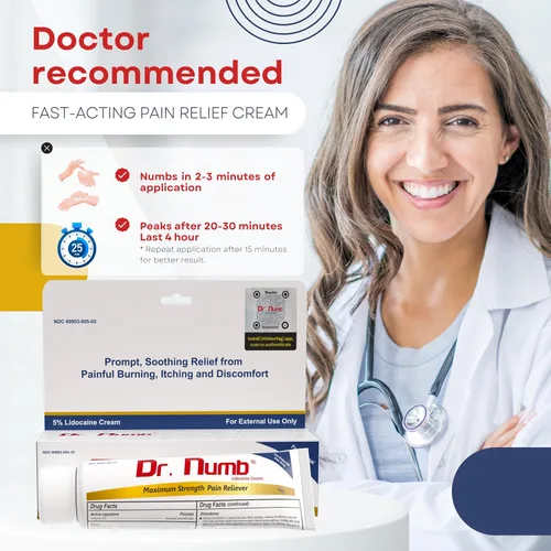Vista 7 de Dr. Numb Crema Anestésica Tópica 5% Lidocaína, Crema Anestésica Tópica de Fuerza Máxima Sin Receta - Alivio Temporal del Dolor, Picazón, Molestia