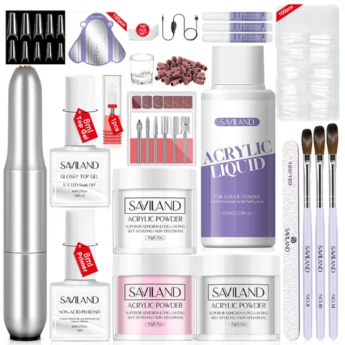 Vista 32 de Saviland Kit de iniciación de uñas acrílicas: polvo y líquido acrílico rosa claro nude, cepillo, limas, formularios, uñas a presión, juego