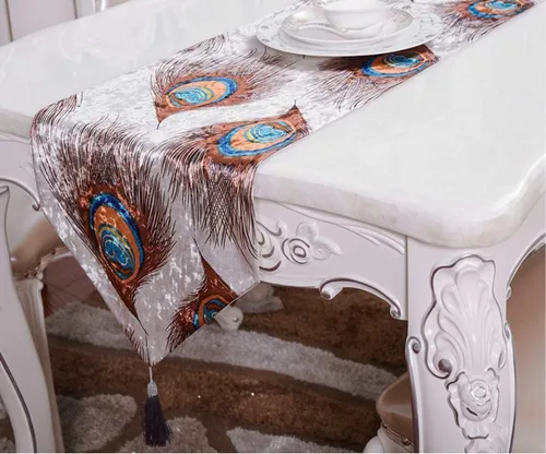 Vista 4 de Camino de mesa de pavo real con borlas, camino de pavo real jacquard para fiestas y bodas, camino de plumas de 13 x 90 pulgadas