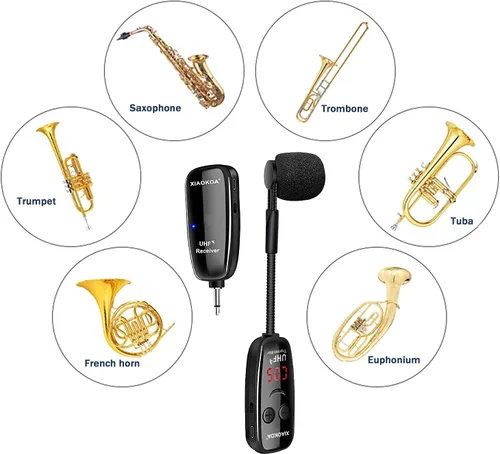 Vista 4 de Micrófono inalámbrico para saxofón, micrófonos UHF para saxofón, micrófono con clip de carga y pantalla digital, para trompeta, tuba, trombón