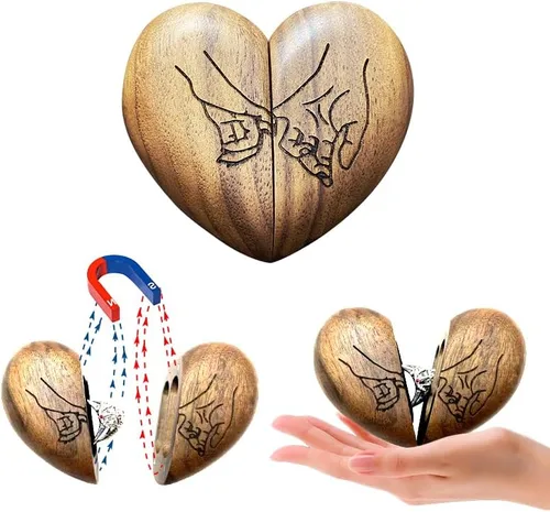 Vista 3 de Caja de madera para anillos para ceremonia de boda, caja de anillo en forma de corazón, caja de madera maciza con doble anillo, caja de anillo