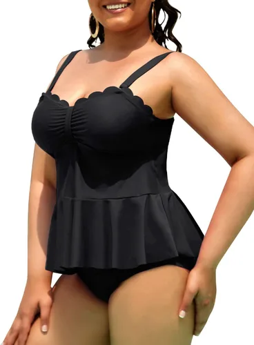 Vista 3 de Yonique Trajes de baño tankini de 2 piezas para mujer, tallas grandes, fruncidos, Peplum, trajes de baño festoneados