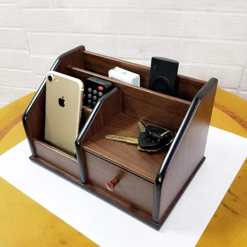 Vista 3 de N Organizador de escritorio de madera con cajón pequeño Organización de oficina y hogar como soporte de control remoto portalápices HeBen1029