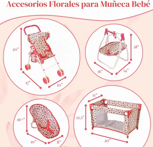 Vista 4 de Juego de Muebles de Cuna y Cochecito de Muñeca de Lujo, Juego de Accesorios Multi para Muñecas de 18", Incluye Cochecito de Muñeca, Columpio y Cama