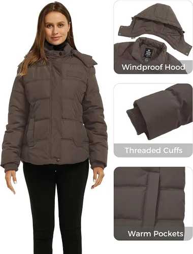 Vista 6 de Wantdo Abrigo de invierno cálido con capucha para mujer, chaqueta acolchada gruesa con capucha extraíble