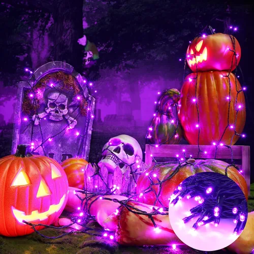 Vista 4 de Luces moradas de Halloween, 82 pies, 200 luces LED de Halloween con 8 modos