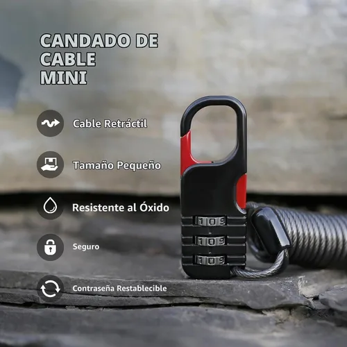 Vista 3 de Candado de esquí de combinación pequeña con cable retráctil (cable de 3 pies/91cm), cerraduras de cable delgadas con combinación para equipaje