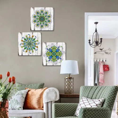 Vista 2 de Biuteawal Arte de pared de mandala para decoración de dormitorio, diseño retro de flores de pavo real, lienzo, cuadros verdes, bohemio, floral