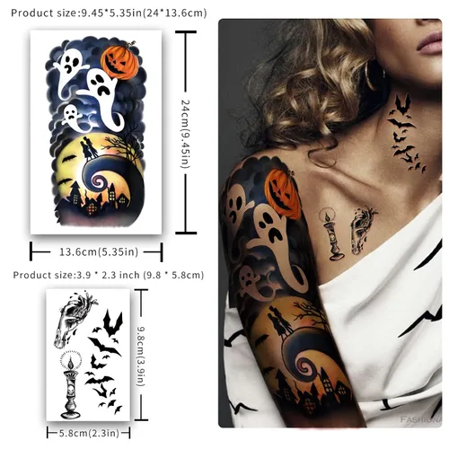 Vista 2 de Yazhiji 40 hojas de tatuajes temporales de Halloween, calabaza, bruja, azúcar, cráneo, tatuajes familiares, para mujeres, hombres, niños y niñas
