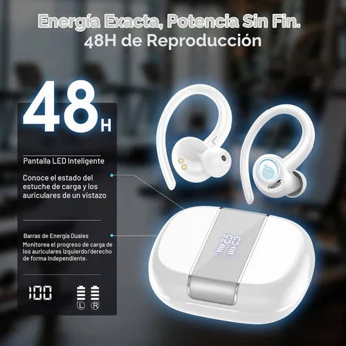 Vista 6 de Auriculares inalámbricos deportivos, Bluetooth 5.3, auriculares estéreo 3D con ganchos para los oídos, auriculares Bluetooth 48H micrófono 2-Blanco