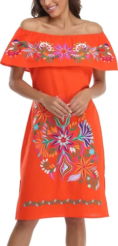 Vista 6 de YZXDORWJ Vestido bordado mexicano para mujer, cuello con volantes, sin mangas