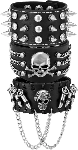 Vista 2 de Jovivi Pulsera de piel auténtica punk rock para hombre y mujer, con remaches con tachuelas y tachuelas, color negro