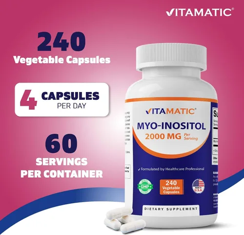 Vista 4 de Vitamatic Myo-inositol 2000 mg por porción – 240 cápsulas vegetales – 60 porciones – Sin OMG, sin gluten – Fabricado en Estados Unidos