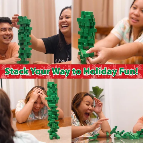 Vista 3 de Funwares Árbol de Navidad Apilable, Juego de Apilamiento de Bloques de Madera, Torre Tambaleante, Diversión Familiar y de Fiesta, Niños y Adultos