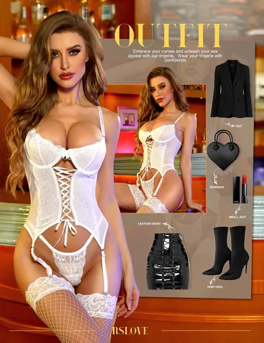 Vista 3 de RSLOVE Conjunto de lencería sexy para mujer, peluche exótico con liguero, 2 piezas de encaje con tirantes, body travieso babydoll